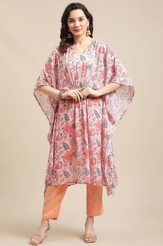 Women Peach-Coloured Ethnic Motifs Printed Kaftan Kurta with Trousers
