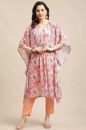 Women Peach-Coloured Ethnic Motifs Printed Kaftan Kurta with Trousers