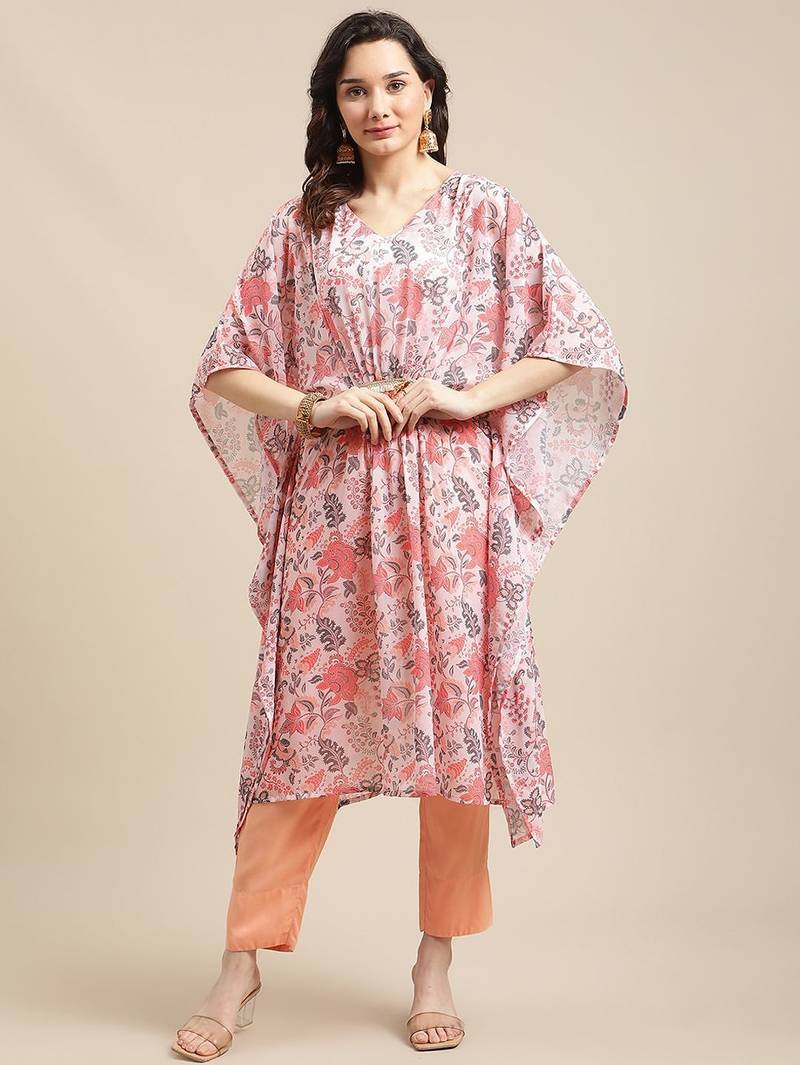 Women Peach-Coloured Ethnic Motifs Printed Kaftan Kurta with Trousers