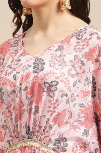 Women Peach-Coloured Ethnic Motifs Printed Kaftan Kurta with Trousers