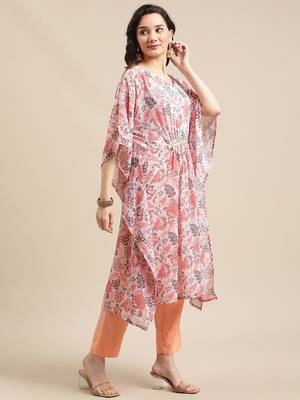 Women Peach-Coloured Ethnic Motifs Printed Kaftan Kurta with Trousers 4