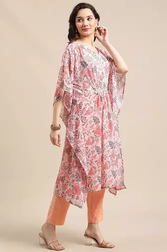 Women Peach-Coloured Ethnic Motifs Printed Kaftan Kurta with Trousers