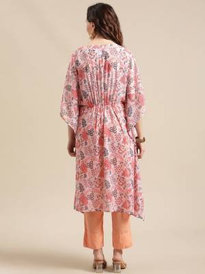 Women Peach-Coloured Ethnic Motifs Printed Kaftan Kurta with Trousers 5