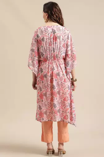 Women Peach-Coloured Ethnic Motifs Printed Kaftan Kurta with Trousers