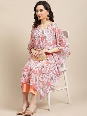 Women Peach-Coloured Ethnic Motifs Printed Kaftan Kurta with Trousers 6