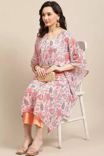Women Peach-Coloured Ethnic Motifs Printed Kaftan Kurta with Trousers