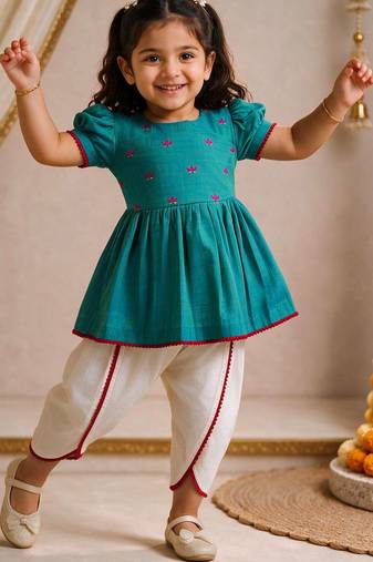 Sishu girls aqua  floral embroidered kurta with dhoti pant