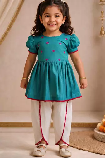 Sishu girls aqua  floral embroidered kurta with dhoti pant