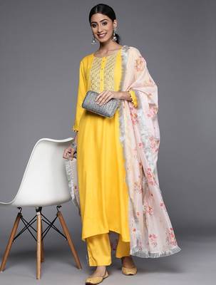 Women Yellow Yoke Design Mirror Work Kurta with Trousers & Dupatta 1
