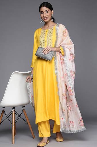 Women Yellow Yoke Design Mirror Work Kurta with Trousers & Dupatta
