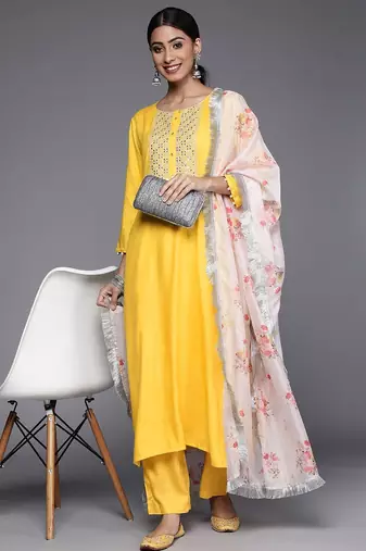 Women Yellow Yoke Design Mirror Work Kurta with Trousers & Dupatta