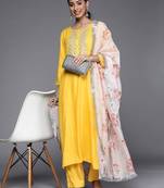 Women Yellow Yoke Design Mirror Work Kurta with Trousers & Dupatta
