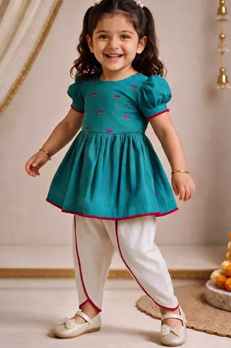 Sishu girls aqua  floral embroidered kurta with dhoti pant