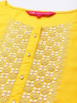 Women Yellow Yoke Design Mirror Work Kurta with Trousers & Dupatta 2