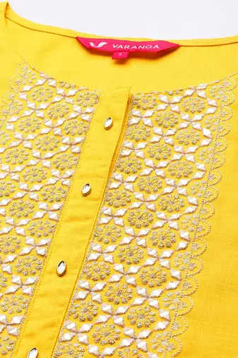Women Yellow Yoke Design Mirror Work Kurta with Trousers & Dupatta
