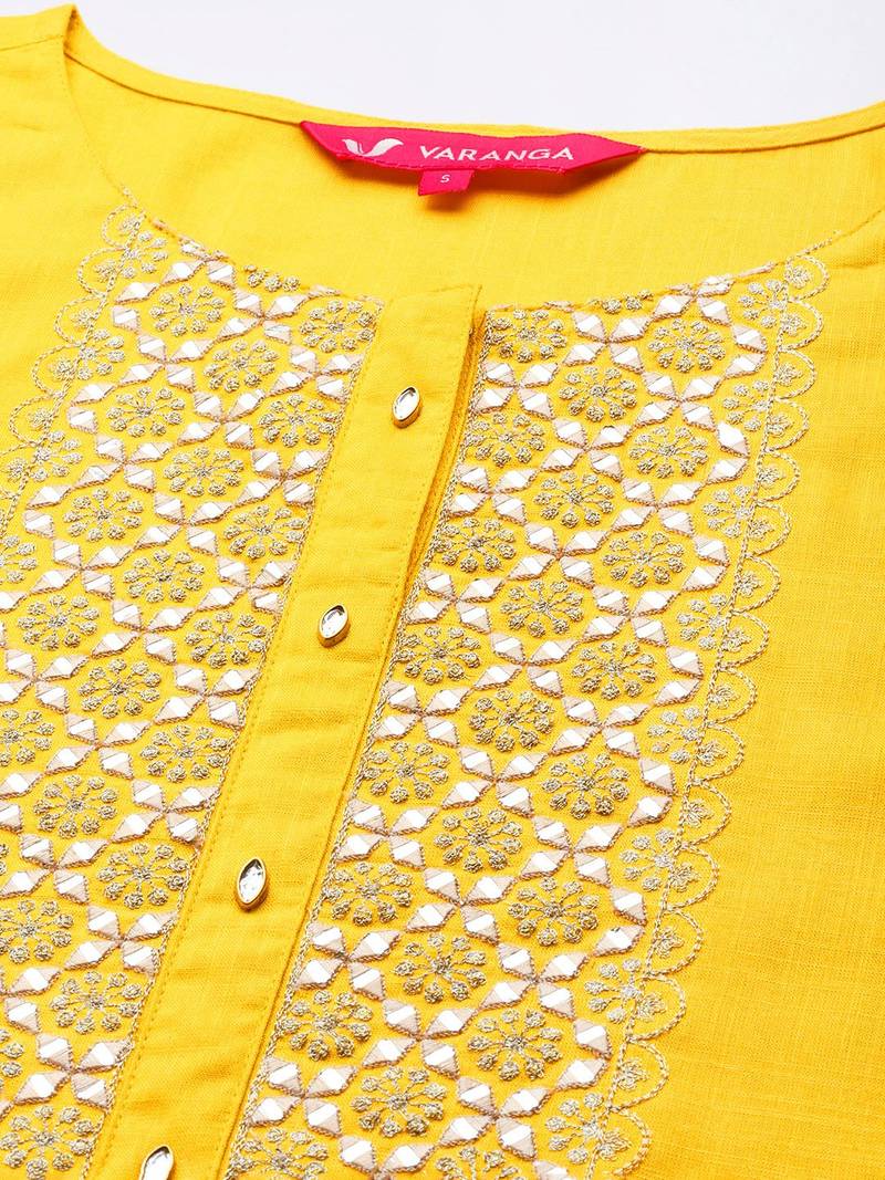 Women Yellow Yoke Design Mirror Work Kurta with Trousers & Dupatta