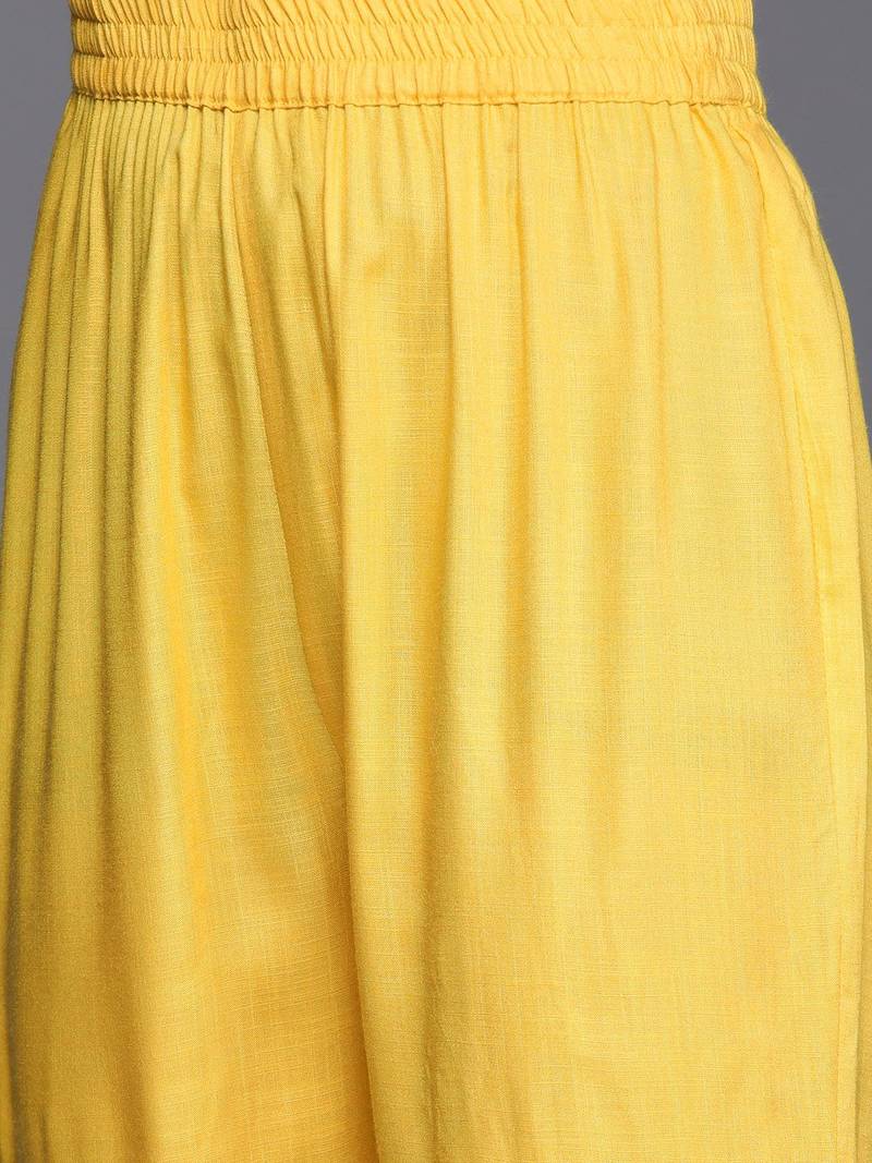 Women Yellow Yoke Design Mirror Work Kurta with Trousers & Dupatta
