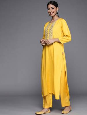 Women Yellow Yoke Design Mirror Work Kurta with Trousers & Dupatta 5