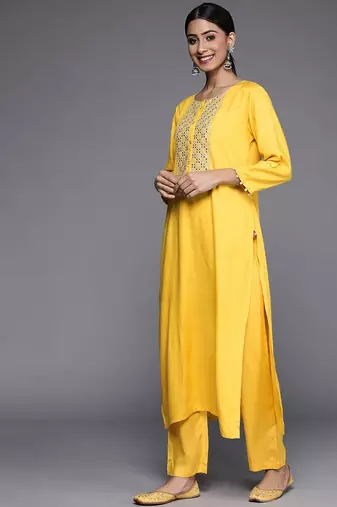 Women Yellow Yoke Design Mirror Work Kurta with Trousers & Dupatta