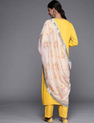 Women Yellow Yoke Design Mirror Work Kurta with Trousers & Dupatta 6