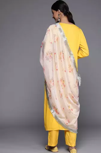 Women Yellow Yoke Design Mirror Work Kurta with Trousers & Dupatta