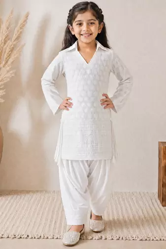 Girls white cotton chikankari kurta with patiala pants