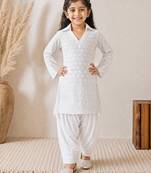 Girls white cotton chikankari kurta with patiala pants