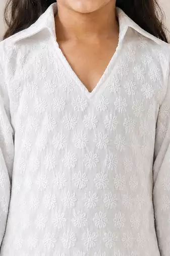 Girls white cotton chikankari kurta with patiala pants