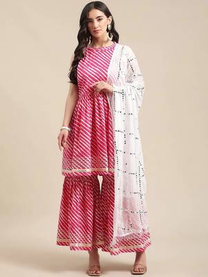 Women Pink Leheriya Printed Gotta Patti Kurti with Sharara & With Dupatta 1