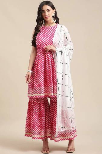 Women Pink Leheriya Printed Gotta Patti Kurti with Sharara & With Dupatta