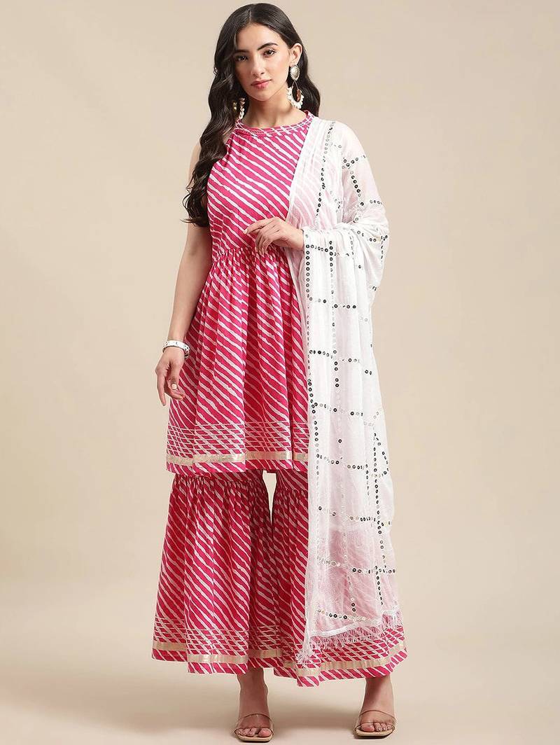 Women Pink Leheriya Printed Gotta Patti Kurti with Sharara & With Dupatta