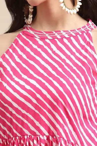 Women Pink Leheriya Printed Gotta Patti Kurti with Sharara & With Dupatta