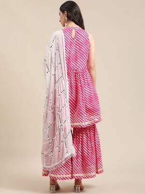 Women Pink Leheriya Printed Gotta Patti Kurti with Sharara & With Dupatta 5