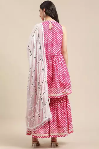 Women Pink Leheriya Printed Gotta Patti Kurti with Sharara & With Dupatta