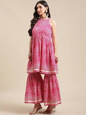 Women Pink Leheriya Printed Gotta Patti Kurti with Sharara & With Dupatta 6