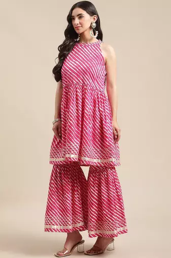 Women Pink Leheriya Printed Gotta Patti Kurti with Sharara & With Dupatta