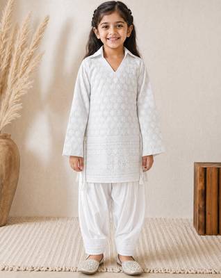 Girls white cotton chikankari kurta with patiala pants 3