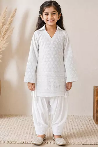 Girls white cotton chikankari kurta with patiala pants