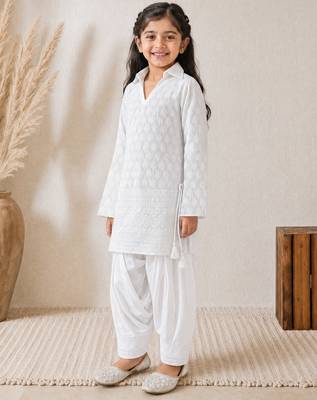 Girls white cotton chikankari kurta with patiala pants 4