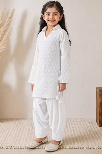 Girls white cotton chikankari kurta with patiala pants