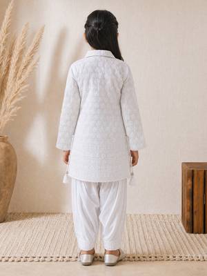 Girls white cotton chikankari kurta with patiala pants 5