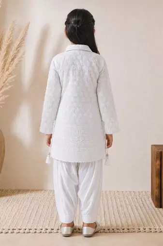 Girls white cotton chikankari kurta with patiala pants