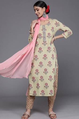 Women Green & Pink Floral Printed Pure Cotton Kurta with Trousers & Dupatta