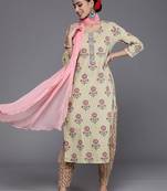 Women Green & Pink Floral Printed Pure Cotton Kurta with Trousers & Dupatta