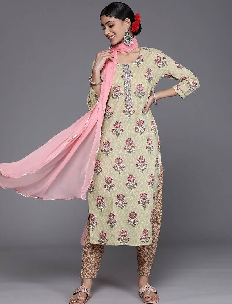 Women Green & Pink Floral Printed Pure Cotton Kurta with Trousers & Dupatta