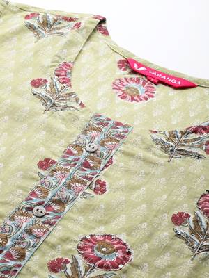 Women Green & Pink Floral Printed Pure Cotton Kurta with Trousers & Dupatta 2