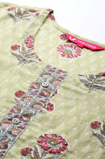 Women Green & Pink Floral Printed Pure Cotton Kurta with Trousers & Dupatta