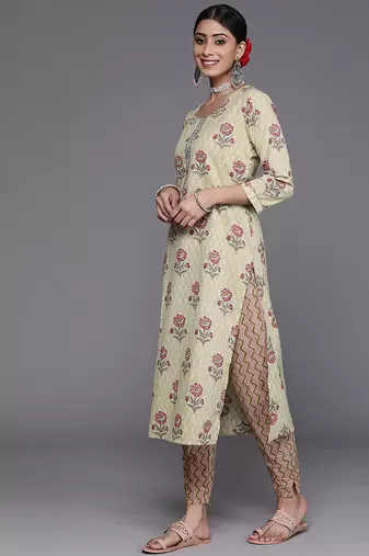 Women Green & Pink Floral Printed Pure Cotton Kurta with Trousers & Dupatta