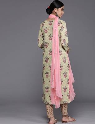 Women Green & Pink Floral Printed Pure Cotton Kurta with Trousers & Dupatta 6