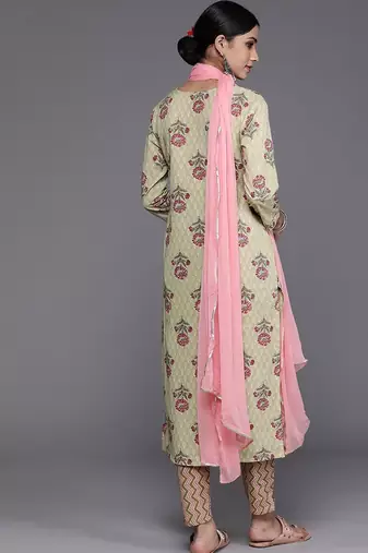 Women Green & Pink Floral Printed Pure Cotton Kurta with Trousers & Dupatta